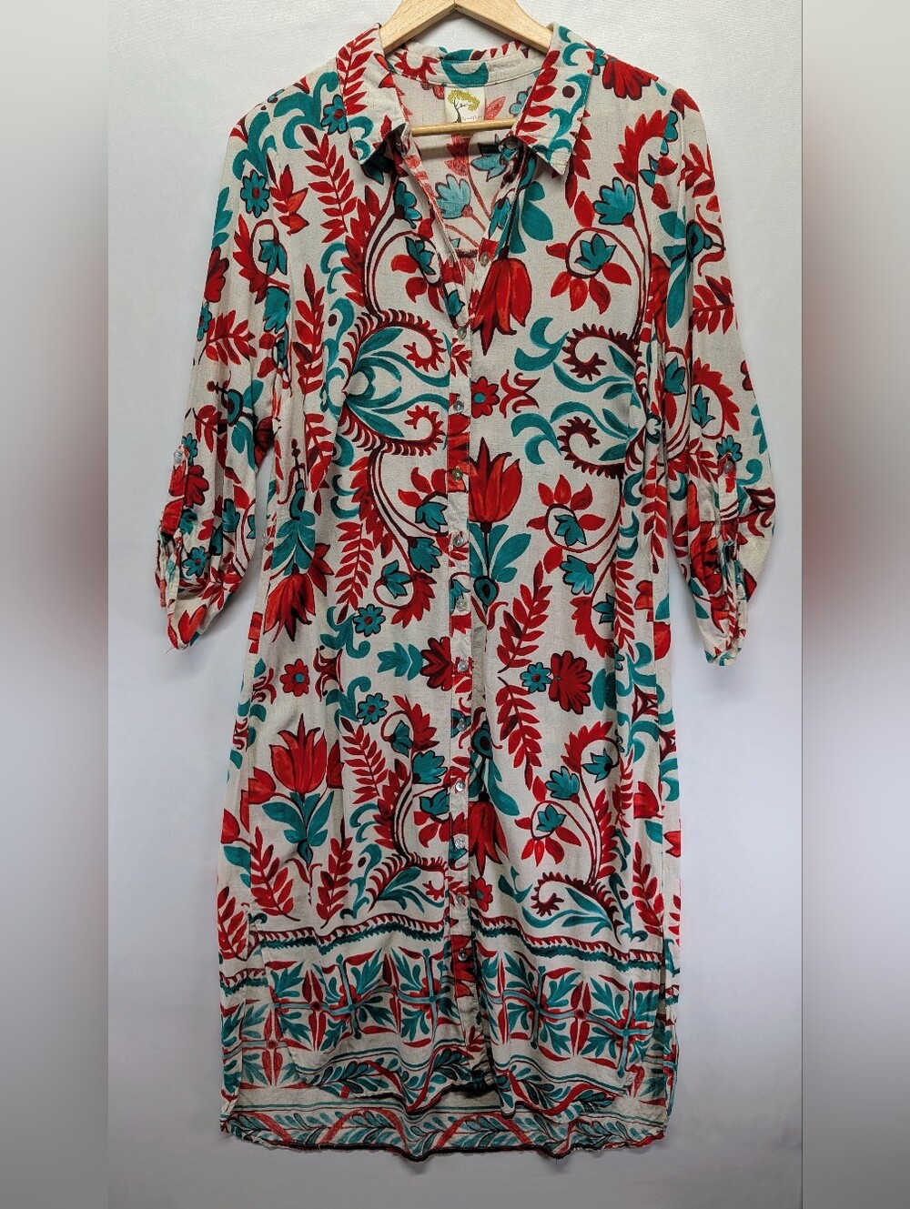 fig and flower Anthropologie Cream Midi Dress with Red & Teal Floral Print